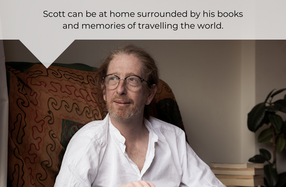 Scott can be at home surrounded by his books and memories of travelling the world.