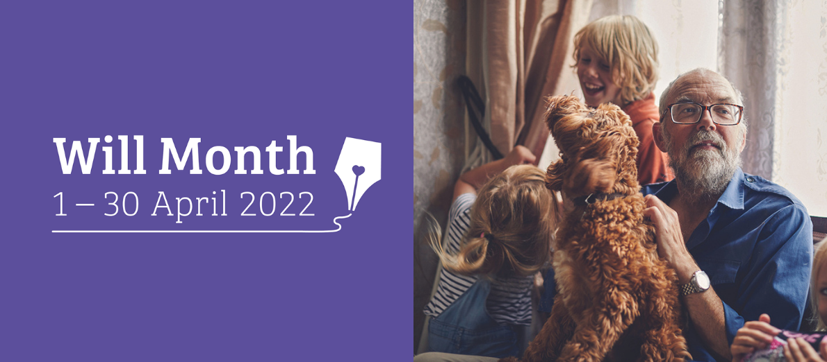 A man with his dog and grandchildren. The graphic is advertising Will Month from 1-30 April.
